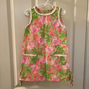 Lilly Pulitzer Shift Dress Palm Trees Floral Tents Pink Green Girls Size 5